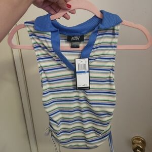 Blue and Green Striped Crop Top with Ribbed Neckline